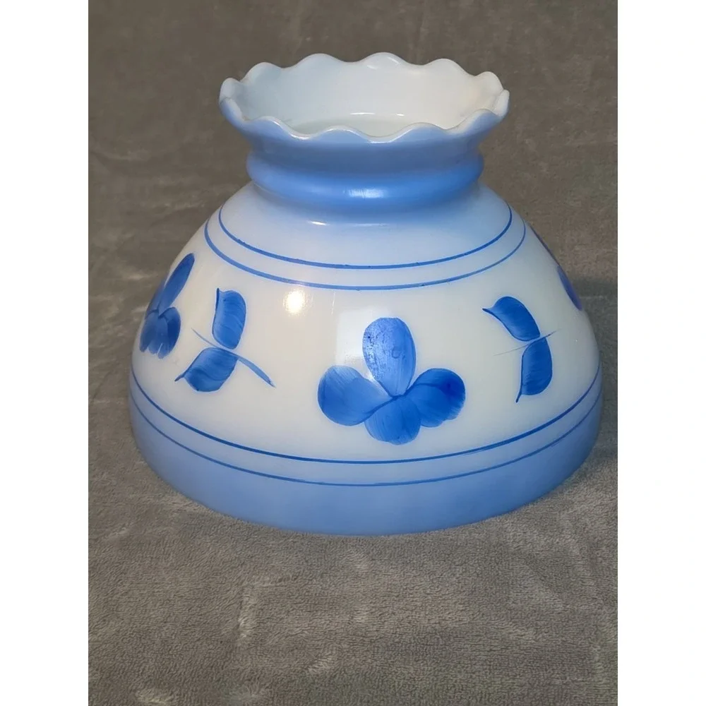 Vintage Hand Painted Milk Glass Lamp Shade Blue Floral Scalloped Edge Cabincore
